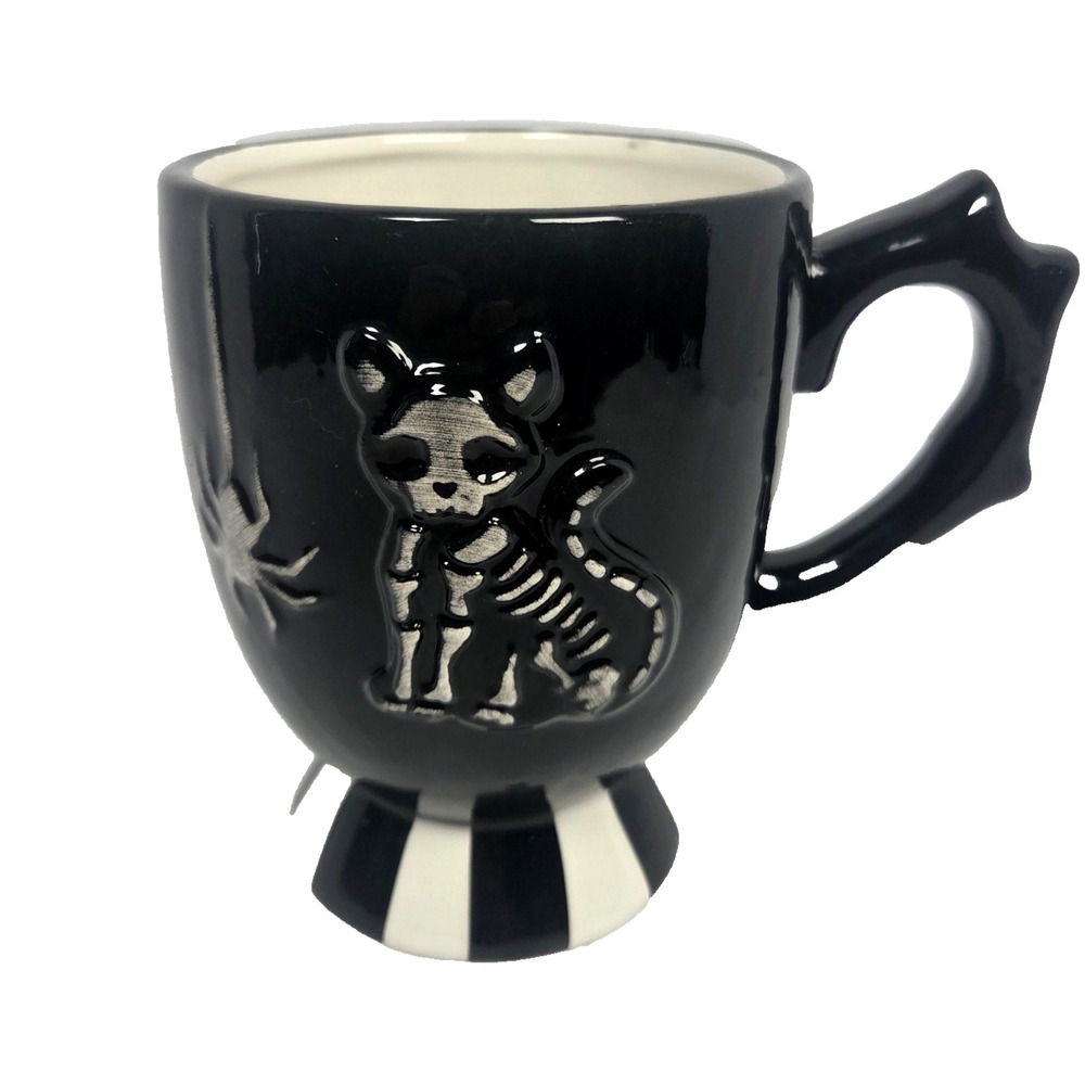 Spooky Hollow Skeleton Cat Ceramic Coffee Mug Bone Handle Gothic Halloween 14oz